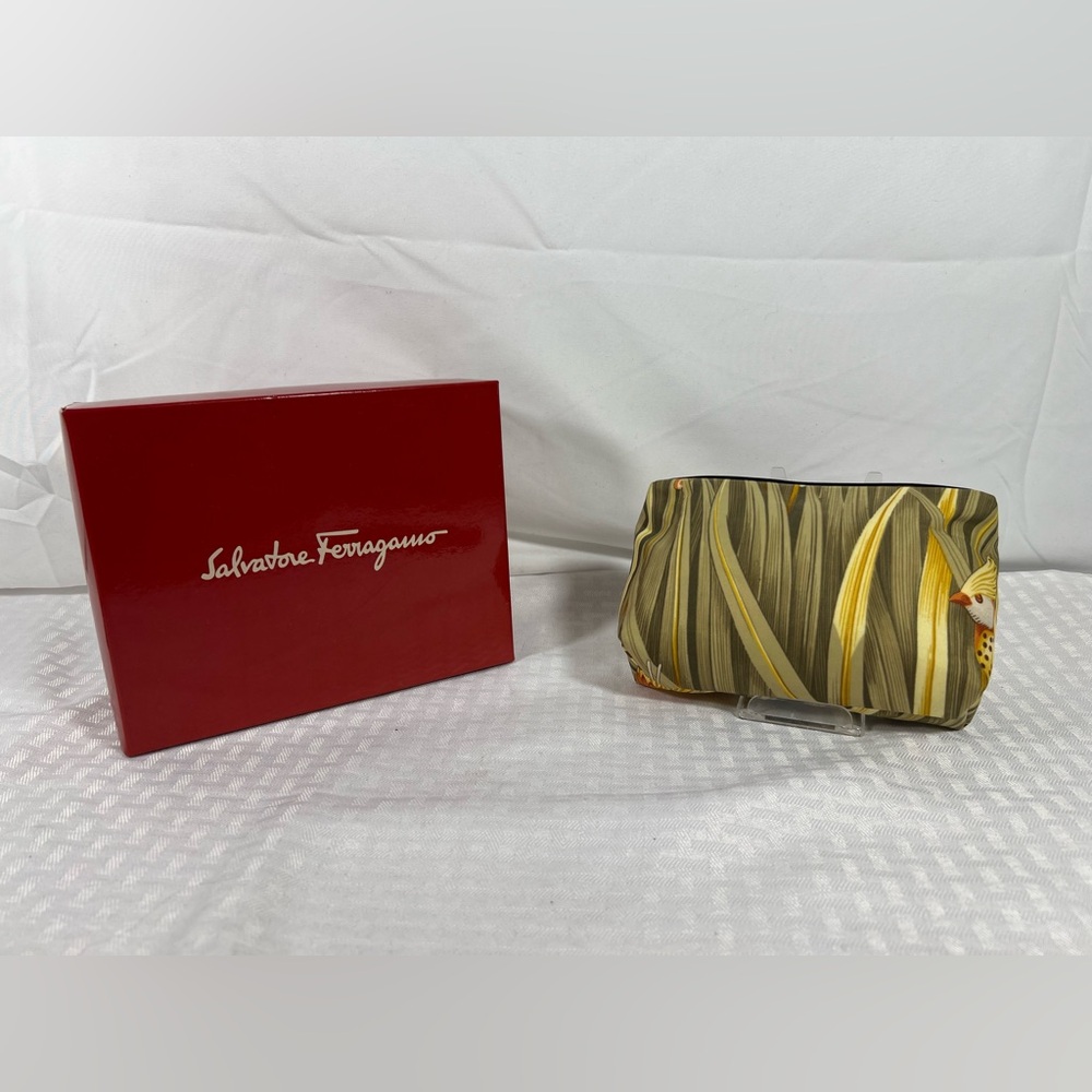 Salvatore Ferragamo Silk Print Leather Trim Zip Pouch Clutch w/box